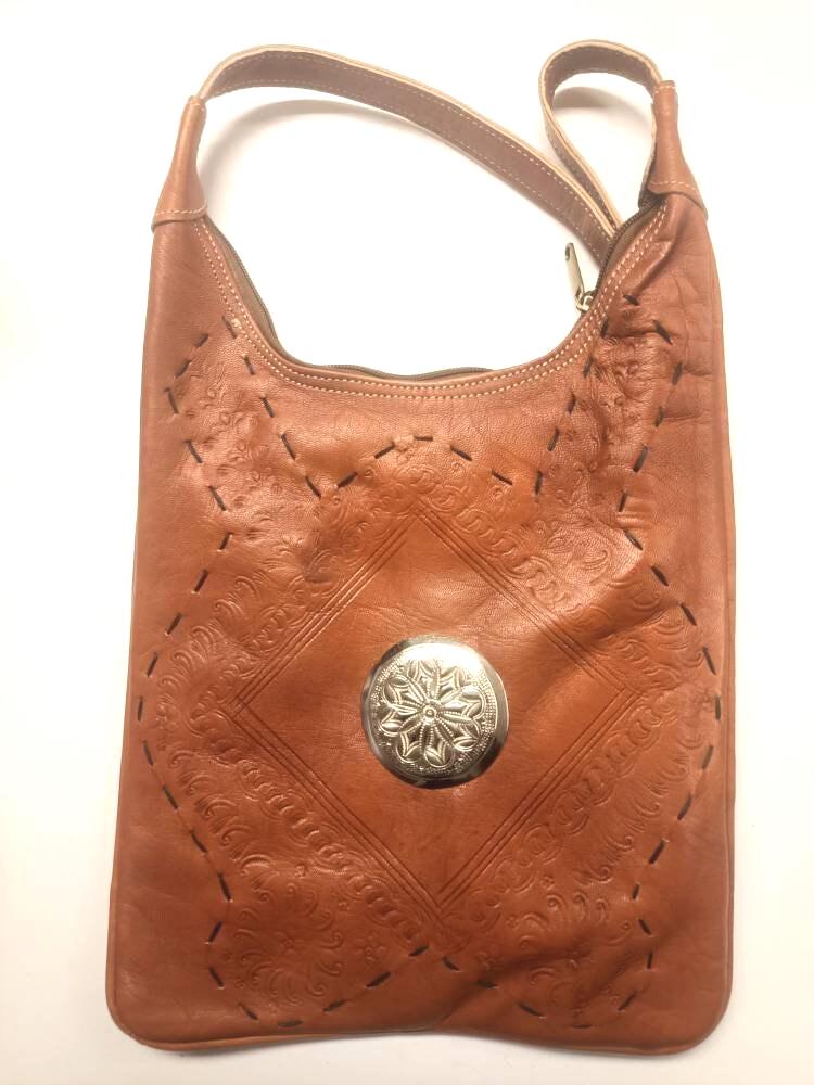 Tooled Leather Crossbody Bag, Boho Shoulder Tote, Vintage Moroccan Style Purse, Tan Leather Handbag, Artisan Crafts