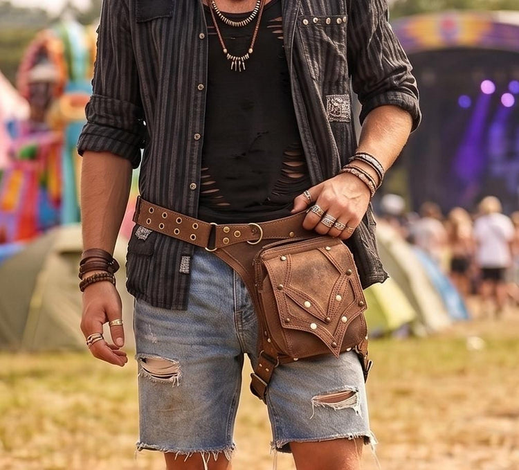 Handmade Leather Fanny Pack with Leg Strap: Steampunk Biker Bag
