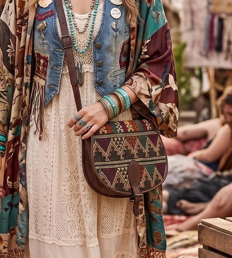 Vintage Moroccan Berber Leather Shoulder Bag / Handmade Aztec Kilim Crossbody Bag Dark Brown Leather Ethnic Boho Festival Handbag