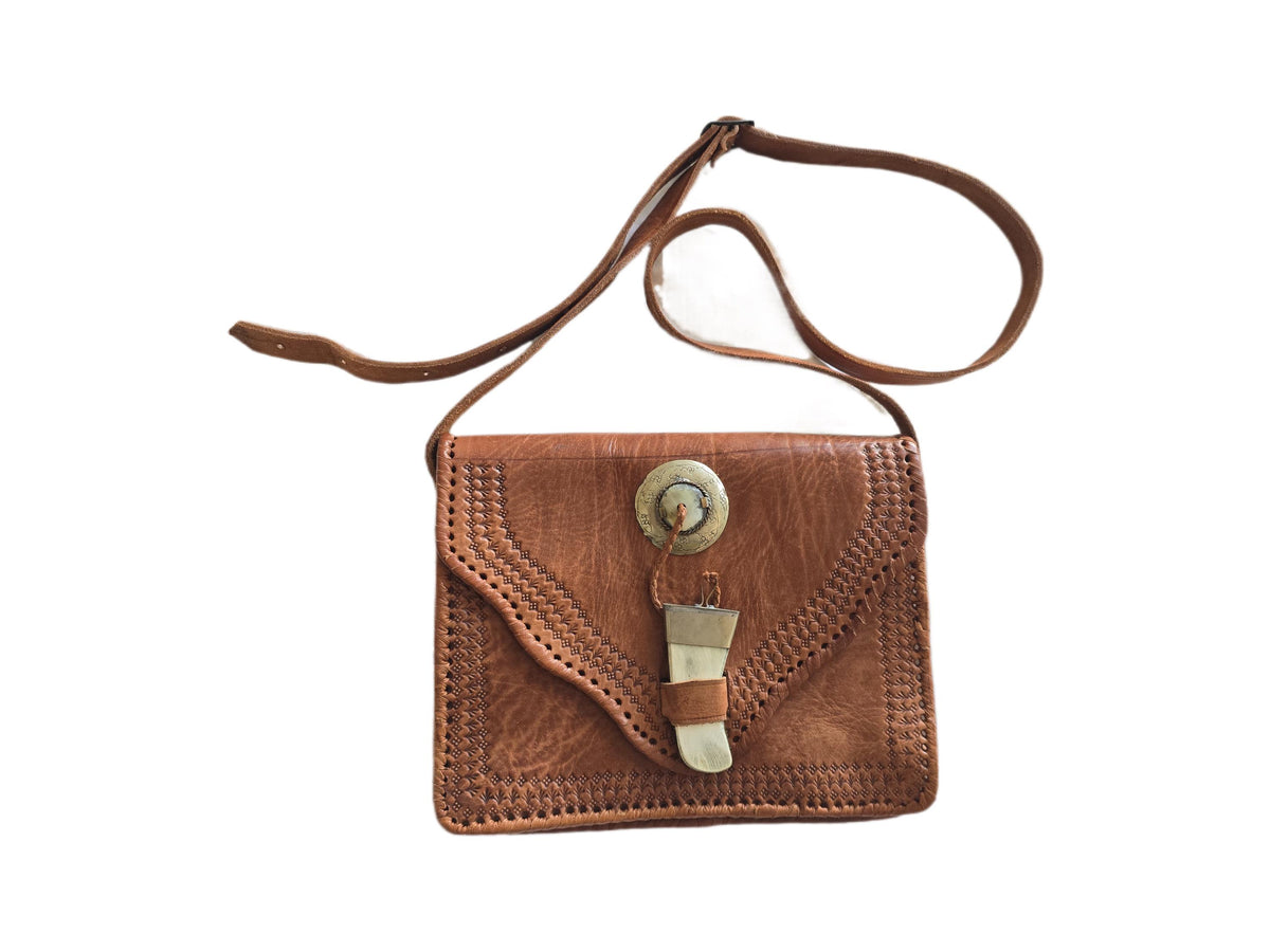 Moroccan Tooled Leather Crossbody Bag, Boho Saddle Bag, Tan Brown Leather Satchel, Artisan Embossed Purse, Festival Hippie Handbag