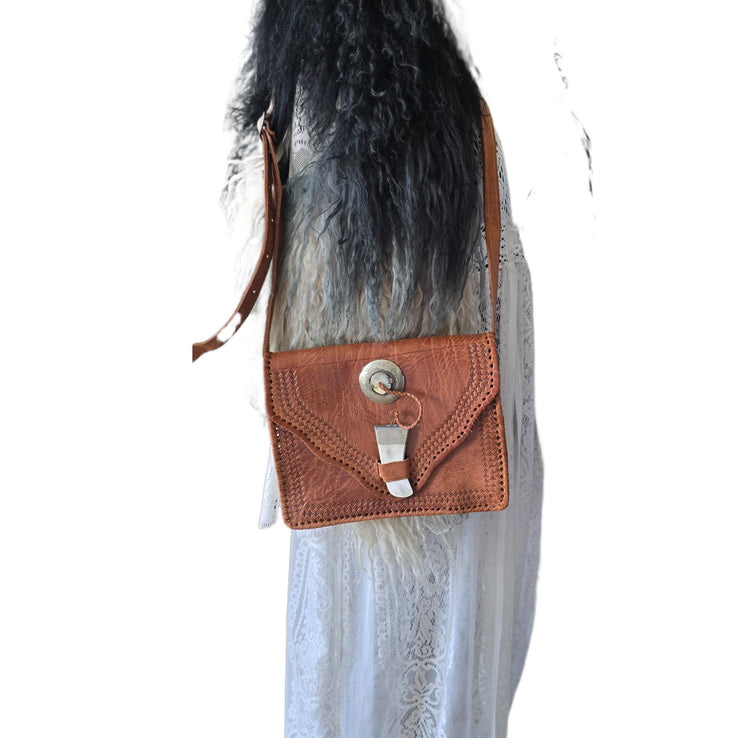 Moroccan Tooled Leather Crossbody Bag, Boho Saddle Bag, Tan Brown Leather Satchel, Artisan Embossed Purse, Festival Hippie Handbag