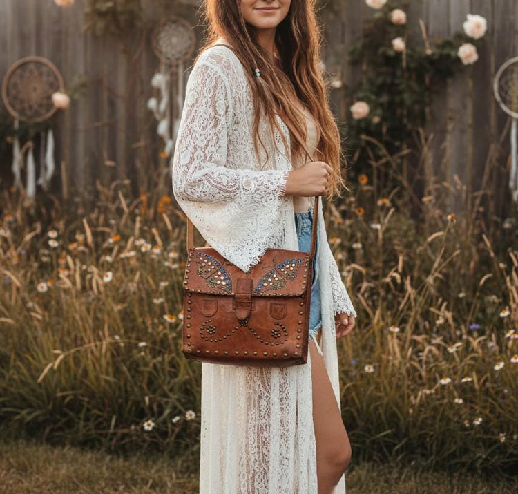 Unique 70s Boho Butterfly Leather Bag, Studded Rhinestone Purse, Fairycore Design, Hippie Festival Shoulder Tote Whimsical