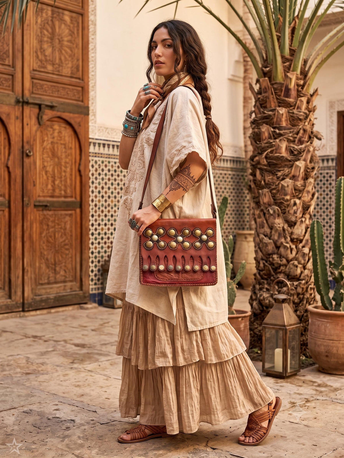Unique Moroccan Gypsy Coins Leather Bag, Large Crossbody Purse, Artisan Berber Crafts