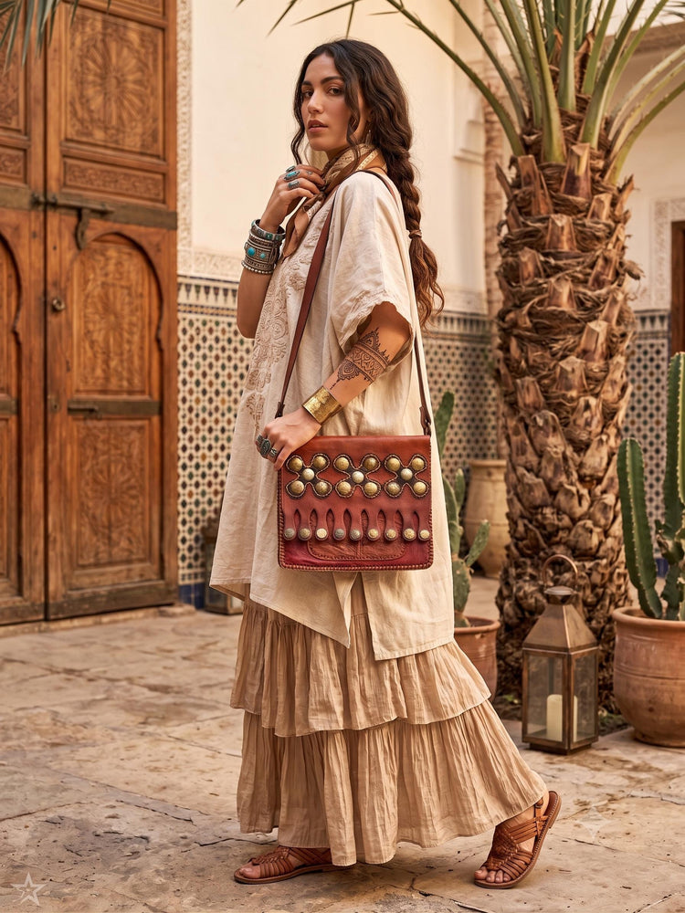 Unique Moroccan Gypsy Coins Leather Bag, Large Crossbody Purse, Artisan Berber Crafts
