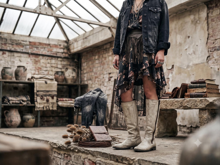 Grunge Knee High Boots, Distressed Rustic Leather Boots, Flat Mid Calf Zip Up Festival Shoes Women’s UK 4.5 EU 37.5