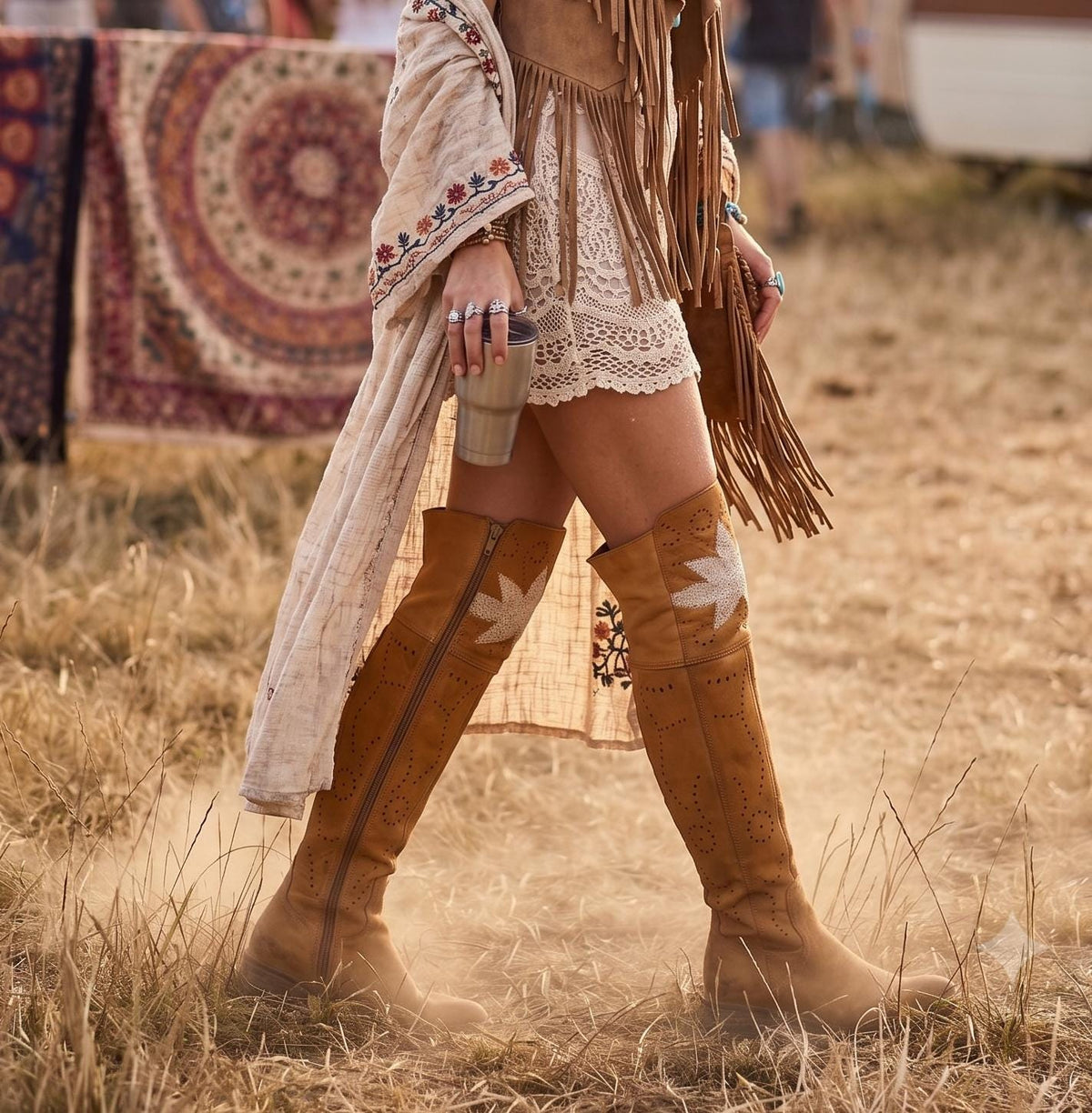 Embroidered Over-the-Knee Leather Boots: Boho Hippie Festival Style (EU 37 / UK 4 / US 6)
