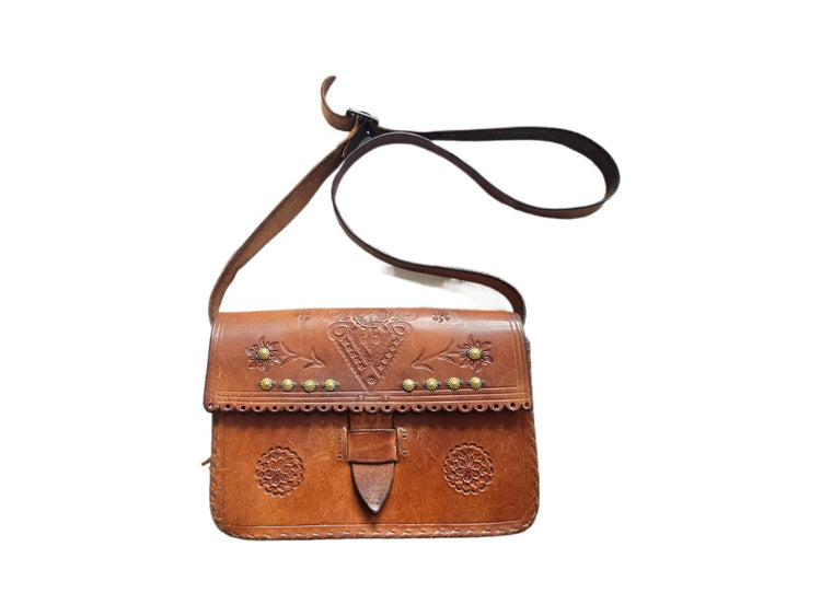 Rare Vintage Polish Folk Leather Bag / Tooled Floral Crossbody Satchel Boho Hippie Fringe Purse Tan Brown Folklore Handbag