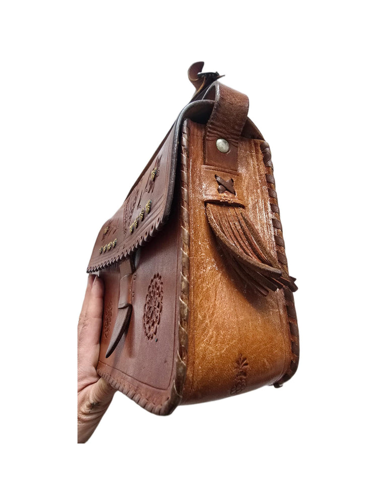 Rare Vintage Polish Folk Leather Bag / Tooled Floral Crossbody Satchel Boho Hippie Fringe Purse Tan Brown Folklore Handbag