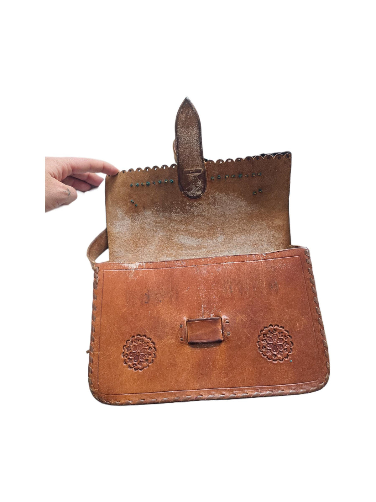 Rare Vintage Polish Folk Leather Bag / Tooled Floral Crossbody Satchel Boho Hippie Fringe Purse Tan Brown Folklore Handbag