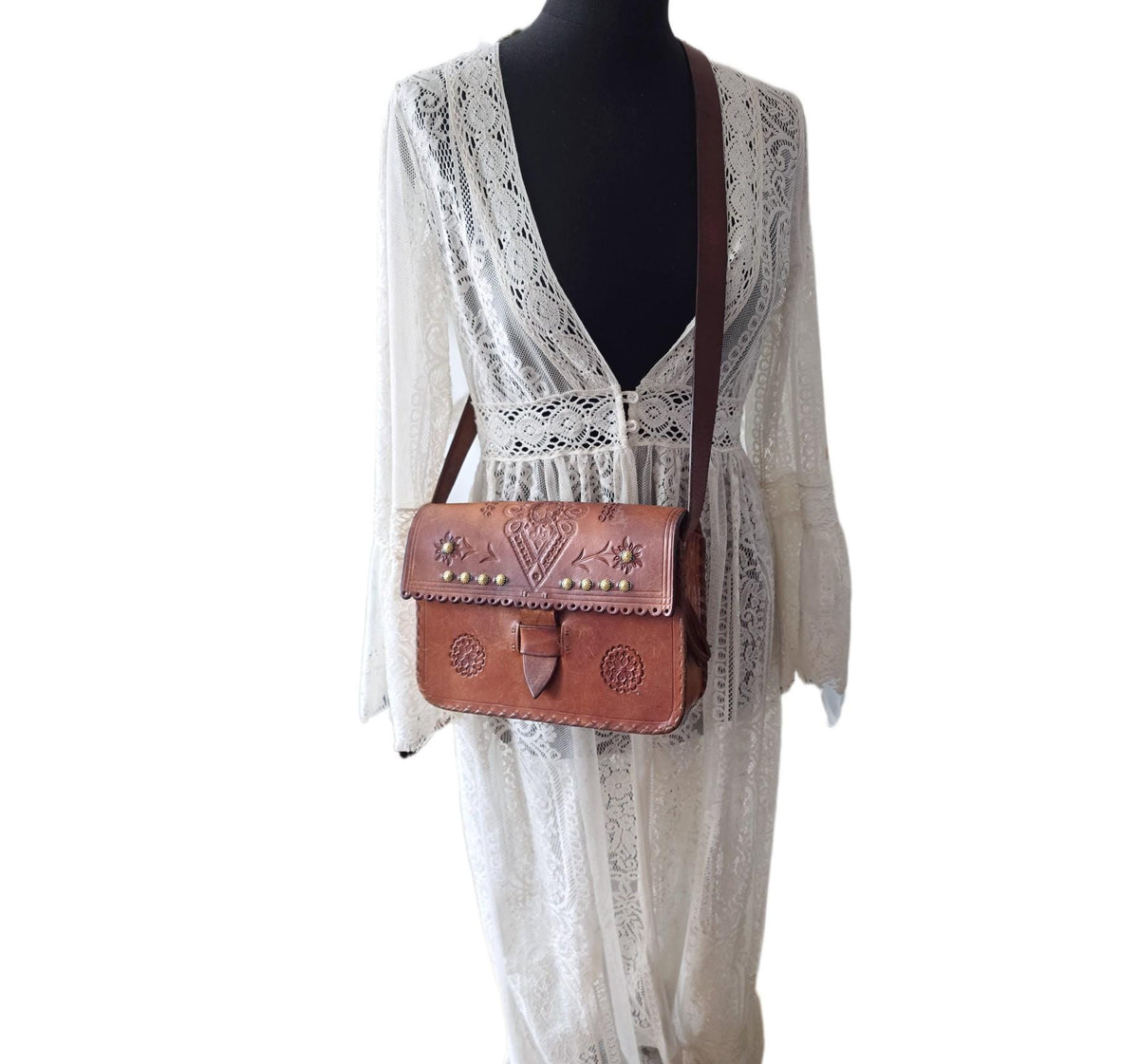 Rare Vintage Polish Folk Leather Bag / Tooled Floral Crossbody Satchel Boho Hippie Fringe Purse Tan Brown Folklore Handbag