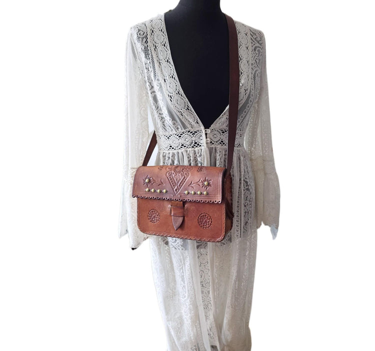Rare Vintage Polish Folk Leather Bag / Tooled Floral Crossbody Satchel Boho Hippie Fringe Purse Tan Brown Folklore Handbag