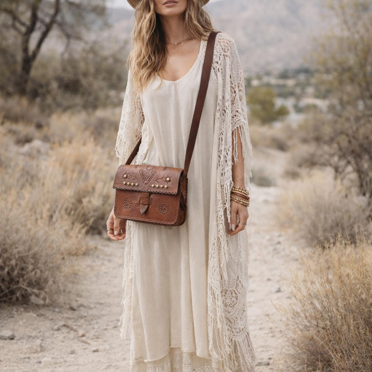 Rare Vintage Polish Folk Leather Bag / Tooled Floral Crossbody Satchel Boho Hippie Fringe Purse Tan Brown Folklore Handbag