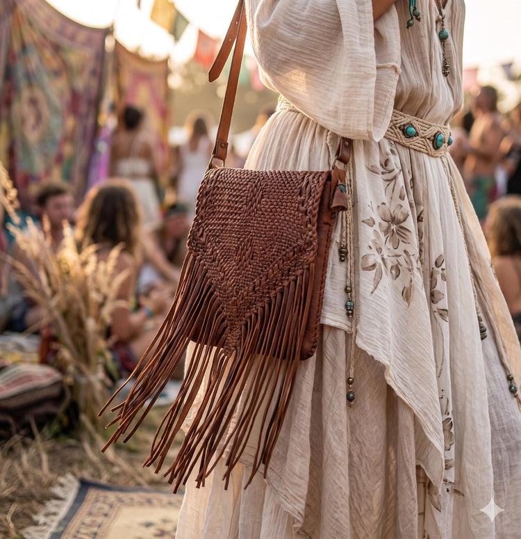 Vintage Braided Leather Fringe Bag / Boho Western Crossbody Purse Dark Brown Hippie Tassel Shoulder Bag