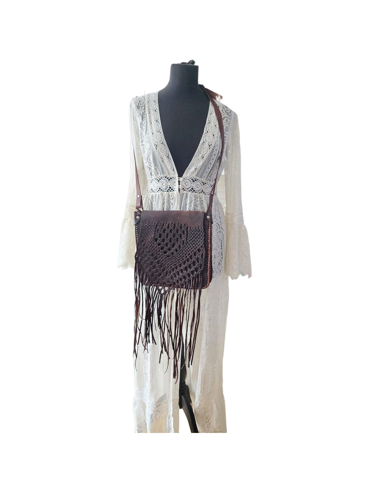Vintage Dark Brown Braided Leather Fringe Bag / Boho Western Crossbody Purse Hippie Tassel Shoulder Bag
