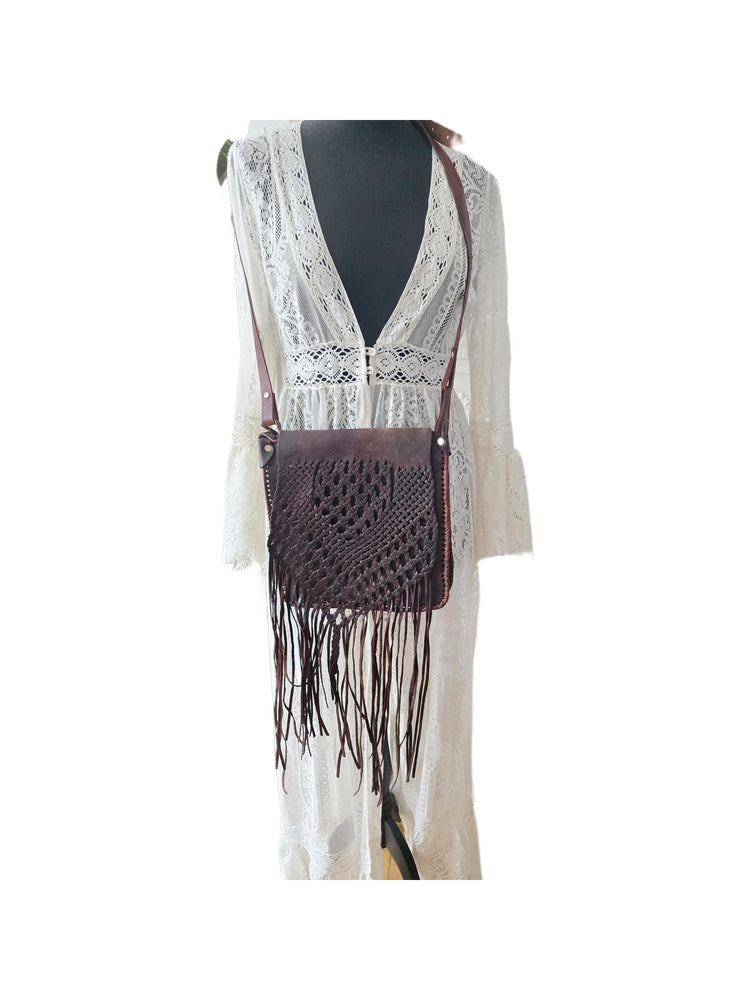 Vintage Dark Brown Braided Leather Fringe Bag / Boho Western Crossbody Purse Hippie Tassel Shoulder Bag