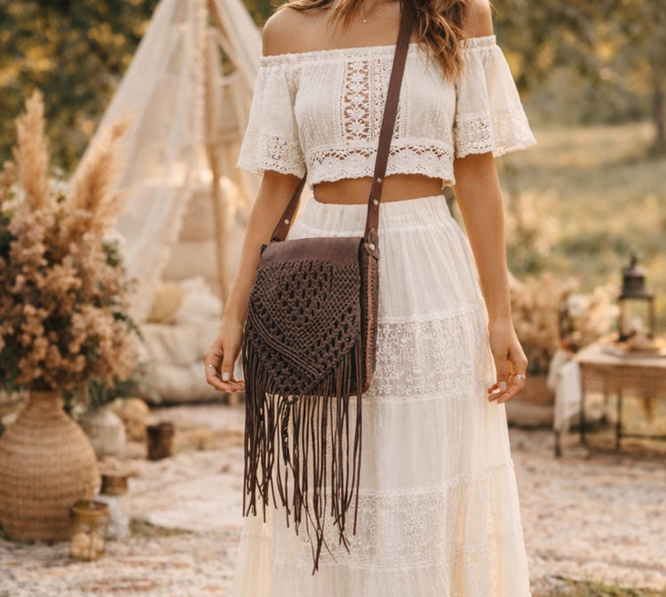 Vintage Dark Brown Braided Leather Fringe Bag / Boho Western Crossbody Purse Hippie Tassel Shoulder Bag