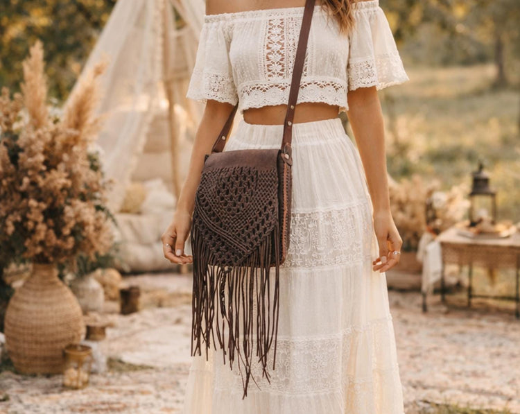 Vintage Dark Brown Braided Leather Fringe Bag / Boho Western Crossbody Purse Hippie Tassel Shoulder Bag