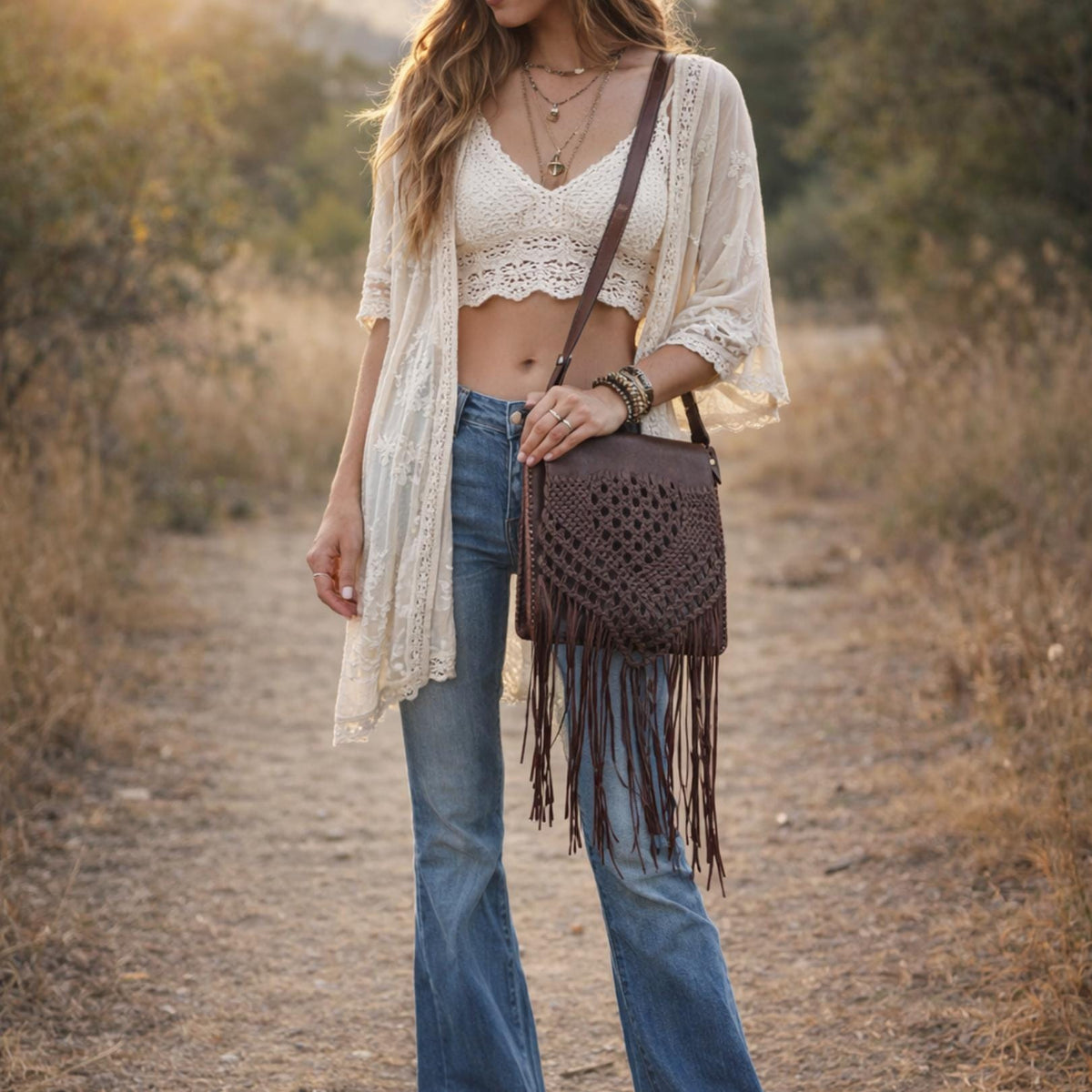 Vintage Dark Brown Braided Leather Fringe Bag / Boho Western Crossbody Purse Hippie Tassel Shoulder Bag