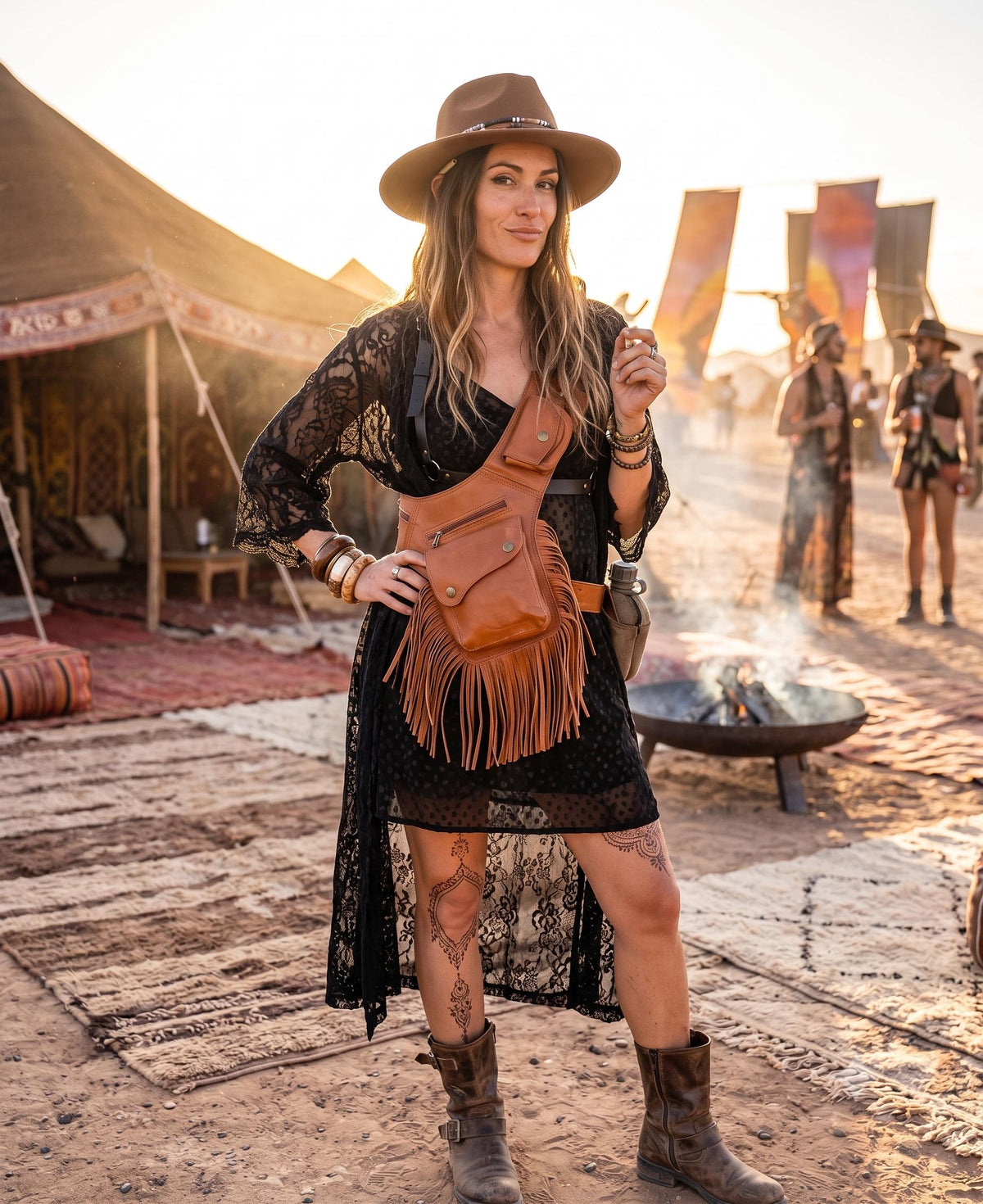 Fringe Leather Crossbody Bag, Womens Fanny Pack, Boho Travel Pocket Belt, Festival Outfit