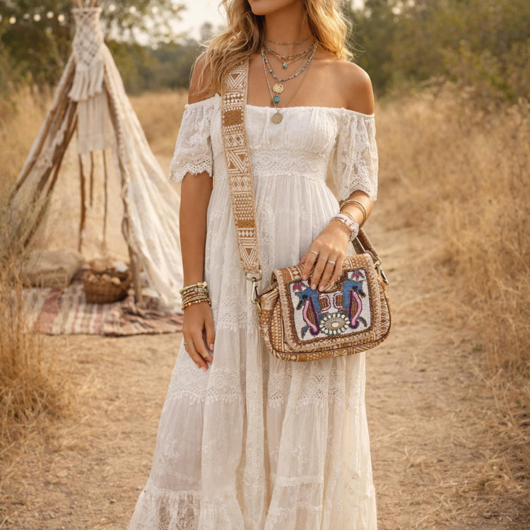 Cowhide leather crossbody bag with seahorse beading | aztec boho handbag | gift for travellers & divers