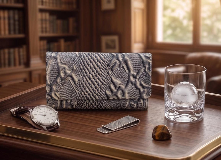 Embossed Snake Print Leather Wallet: Zippered Bifold Clutch