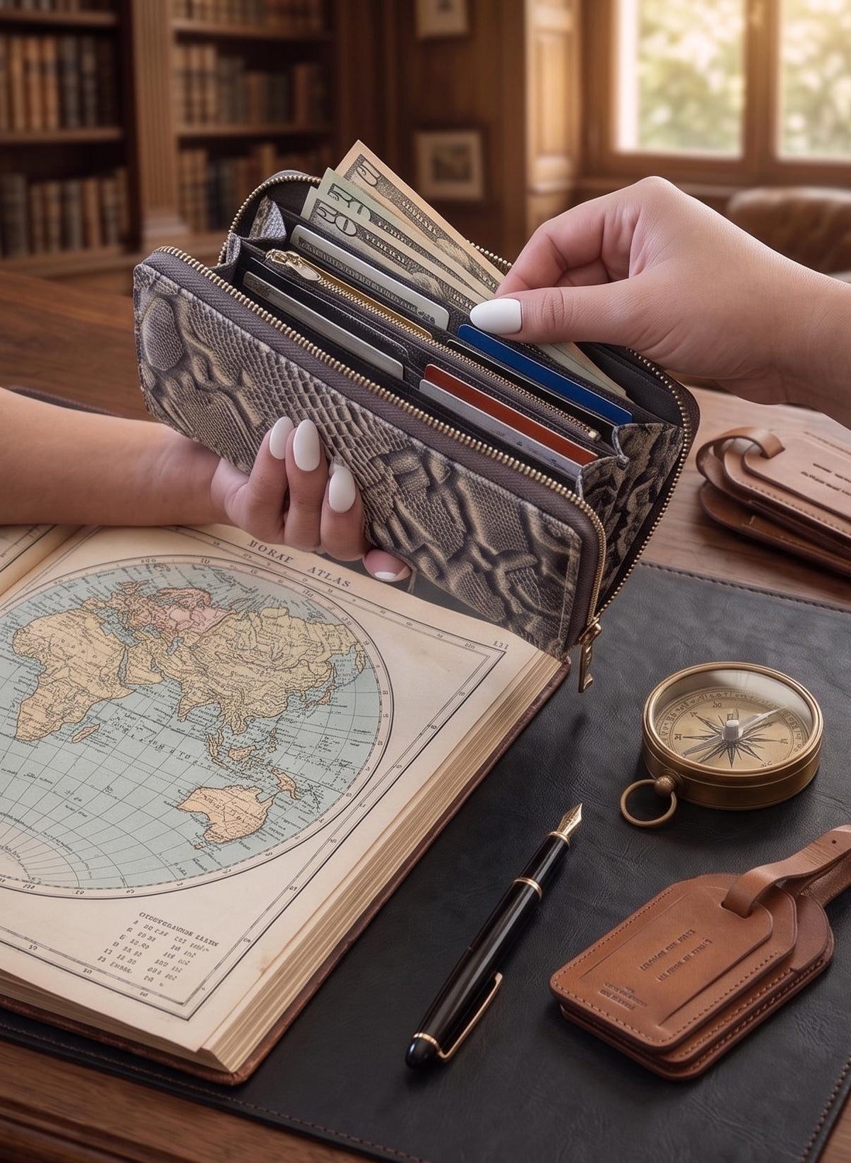 Embossed Snake Print Leather Wallet: Zippered Bifold Clutch