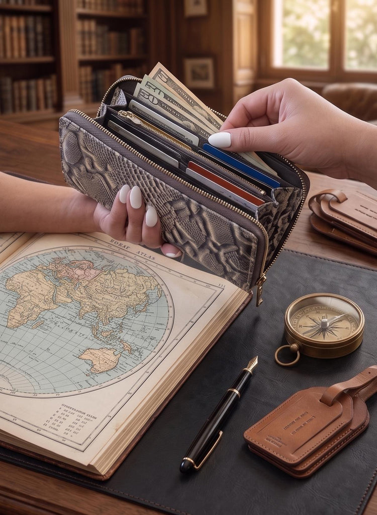 Embossed Snake Print Leather Wallet: Zippered Bifold Clutch