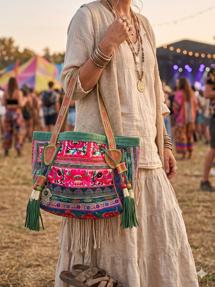 Extra Large Embroidered Leather Shopper Bag / Boho Hippie Festival Tote Frida Kahlo Style Oversized Weekend Shoulder Bag