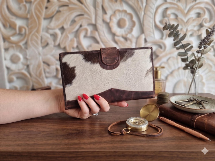 Cowhide Leather Portfolio Wallet / Western Travel Organiser Passport Holder Large Bifold Cowgirl Purse
