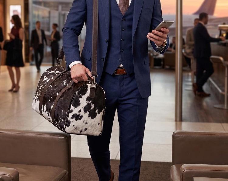 Cowhide Leather Weekender Bag: Medium Duffle, Adjustable Strap