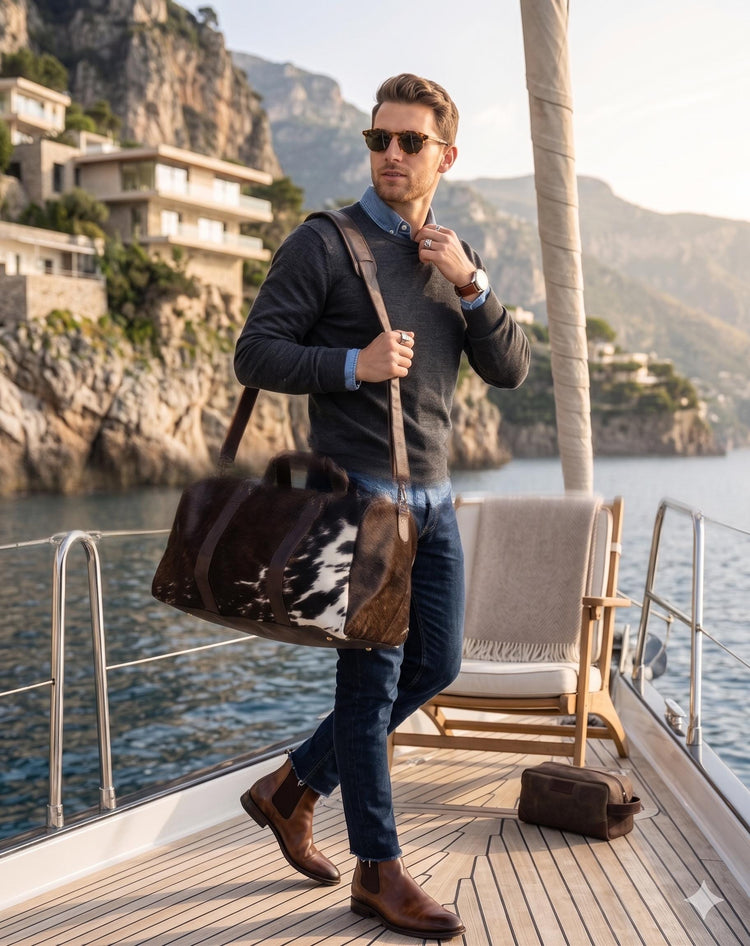 Cowhide Leather Weekender Bag: Medium Duffle, Adjustable Strap