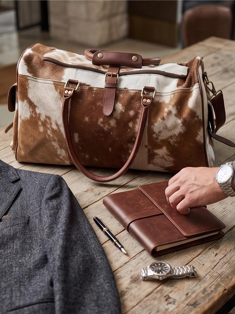 Cowhide Leather Duffle Bag for Men & Women, Large Western Weekender Travel Bag Overnight Carry On