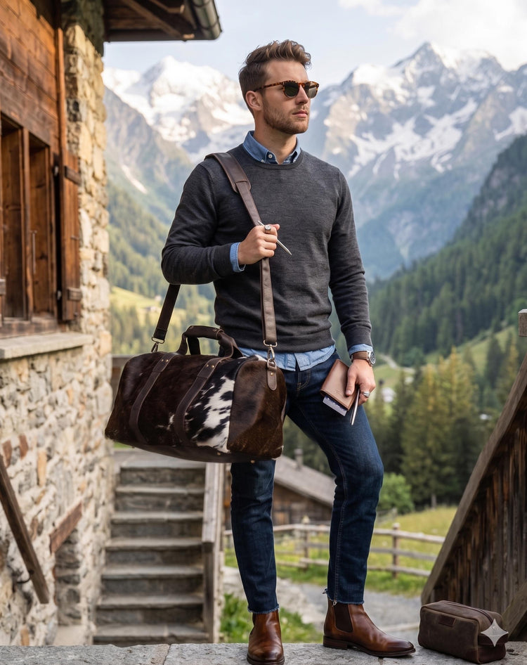 Cowhide Leather Weekender Bag: Medium Duffle, Adjustable Strap
