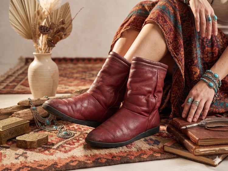 Burgundy Red Leather Winter Boots: Vintage 70s Shearling Lined, UK 6