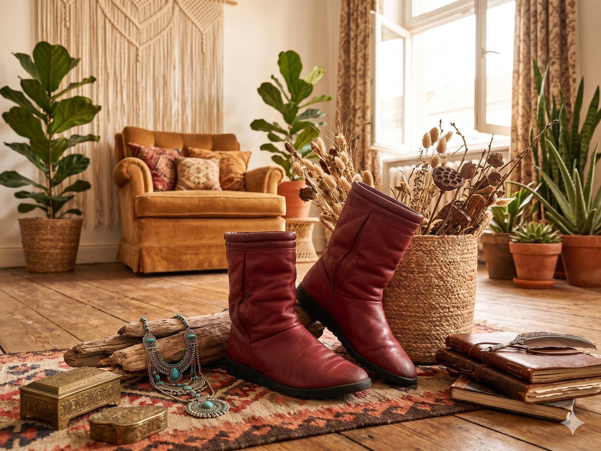 Burgundy Red Leather Winter Boots: Vintage 70s Shearling Lined, UK 6