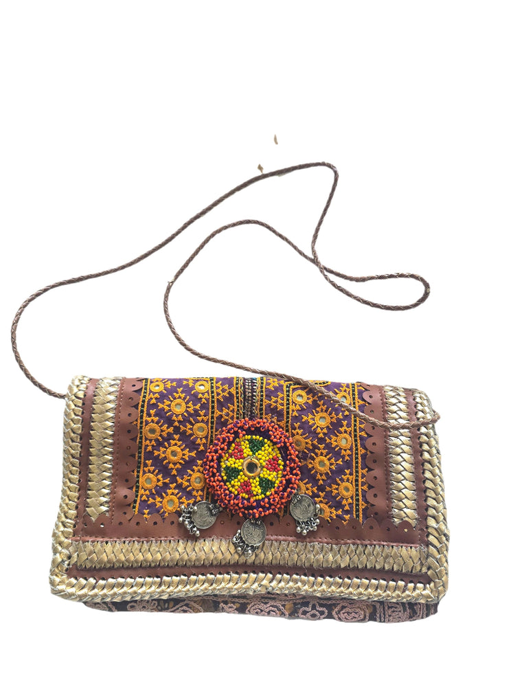 Small Boho Leather Crossbody Bag / Banjara Gypsy Purse Tribal Beaded Festival Satchel Kuchi Hippie Handbag