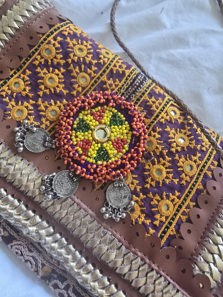 Small Boho Leather Crossbody Bag / Banjara Gypsy Purse Tribal Beaded Festival Satchel Kuchi Hippie Handbag