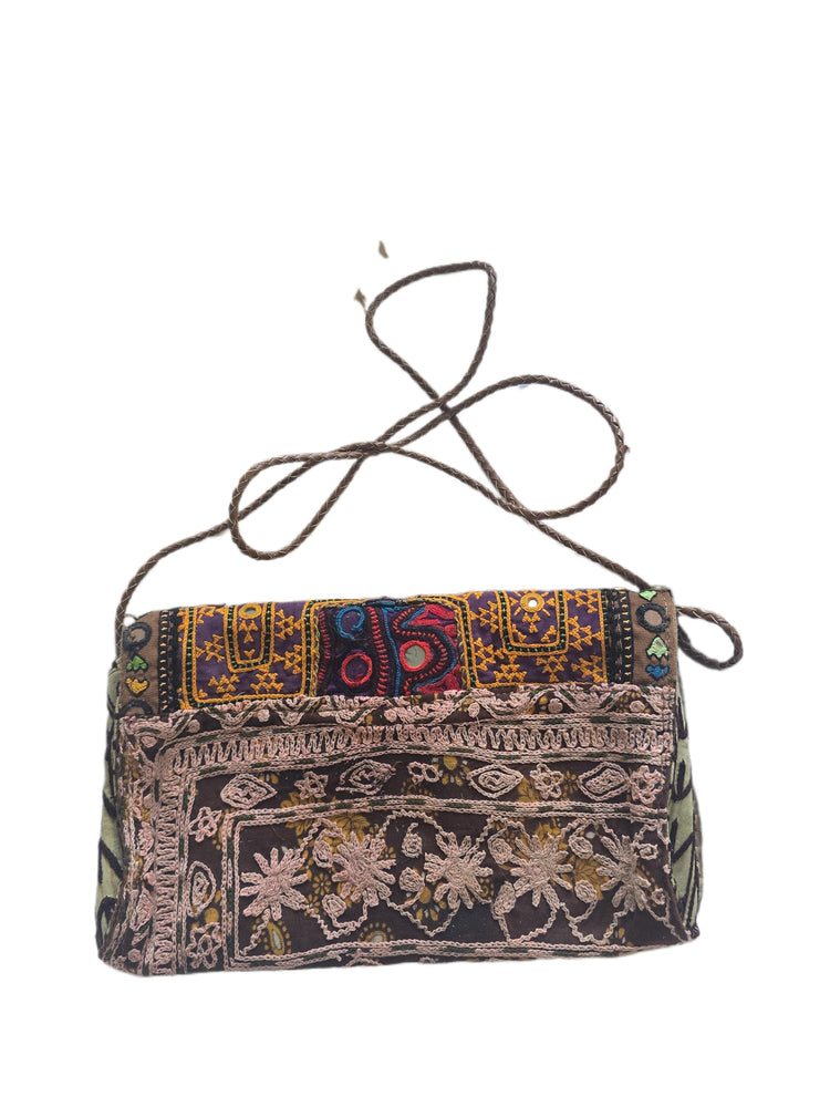 Small Boho Leather Crossbody Bag / Banjara Gypsy Purse Tribal Beaded Festival Satchel Kuchi Hippie Handbag