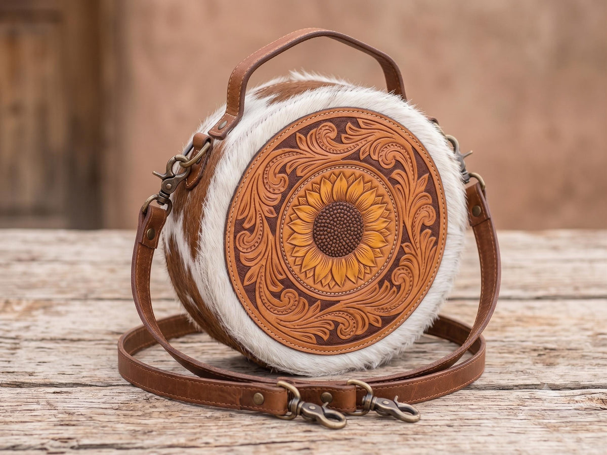Hand Tooled Cowhide Sunflower Bag: Convertible Leather Crossbody Tote