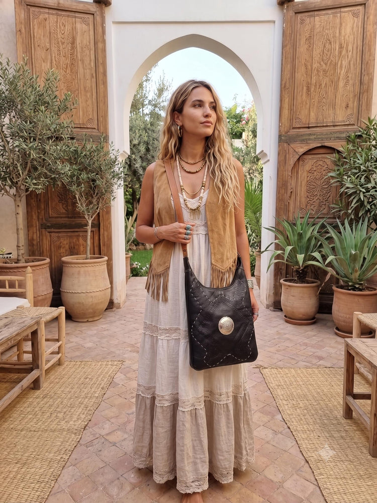 Hand Tooled Leather Crossbody Bag & Wallet Set - Moroccan Boho Purse