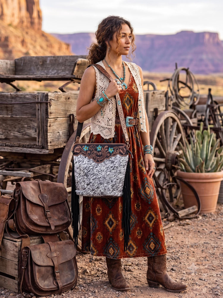 Floral Tooled Leather Cowhide Bag: Western Cowgirl Crossbody Purse