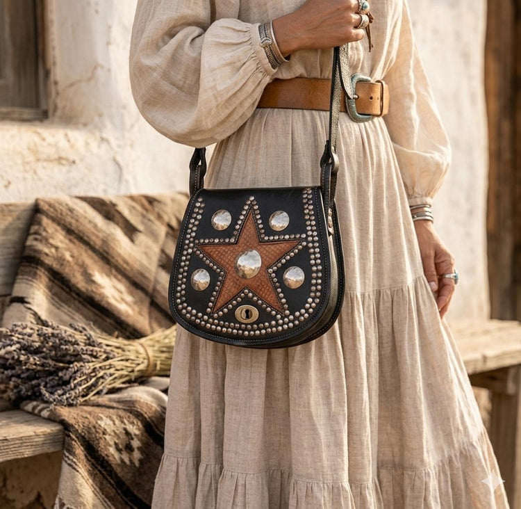 Star Studded Leather Crossbody Bag, Vintage Western Style Purse, Small Boho Shoulder bag