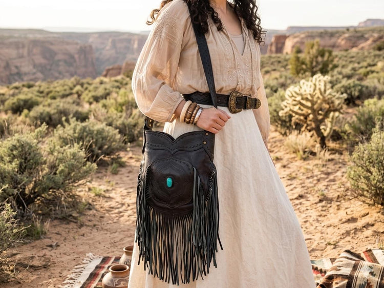 Large Tooled Leather Fringe Bag: Western Turquoise Stone Hobo Purse