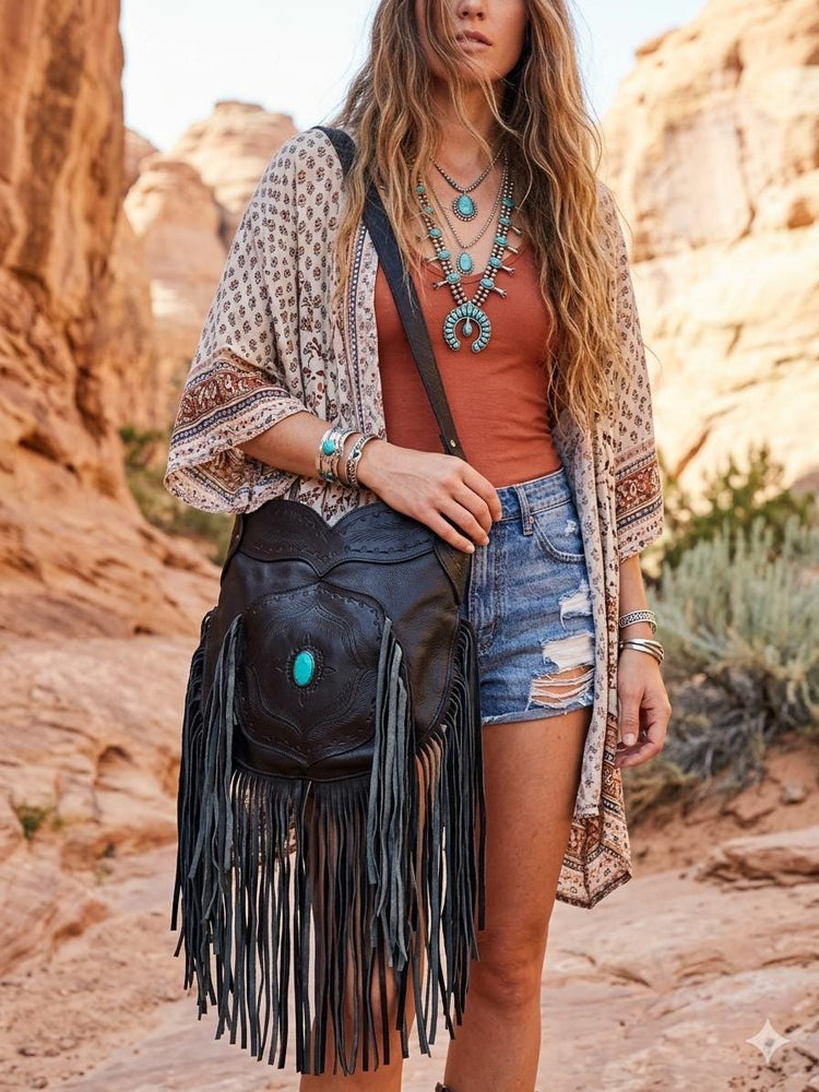 Large Tooled Leather Fringe Bag: Western Turquoise Stone Hobo Purse