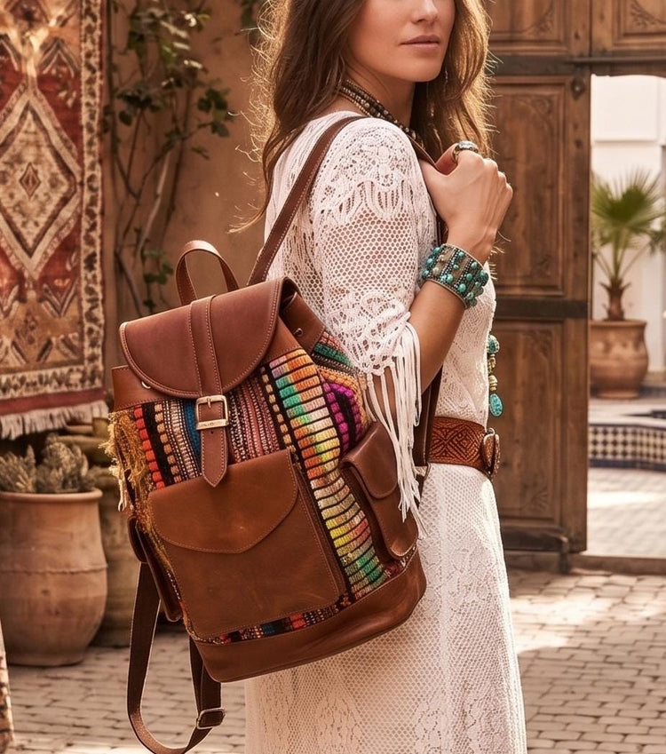 Large Rainbow Leather Backpack for Women – Unique Multicoloured Rucksack - Boho Travel Bag