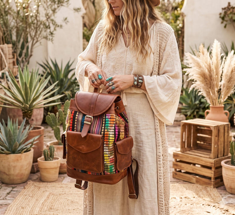 Large Rainbow Leather Backpack for Women – Unique Multicoloured Rucksack - Boho Travel Bag