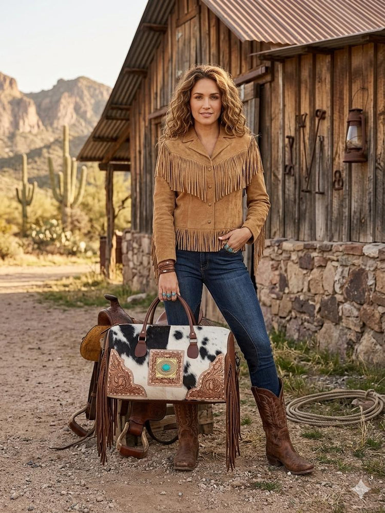 Western Cowhide Leather Weekender Bag / Fringe Duffle Travel Holdall Turquoise Boho Overnight Luggage