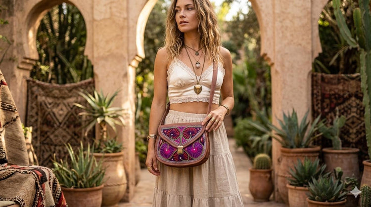 Boho Leather Crossbody Bag / Embroidered Hippie Purse Festival Satchel Handmade Tribal Handbag