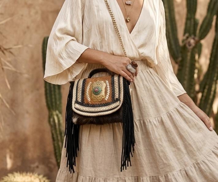 Western Fringe Leather Crossbody Bag / Cowhide Boho Satchel Suede Hippie Purse Festival Shoulder Bag Handmade