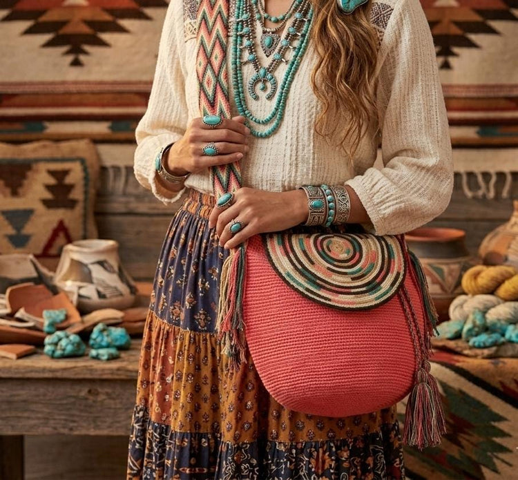 Colombian Mochila Bag / Pink Crochet Bucket Bag Boho Crossbody Festival Shoulder Purse